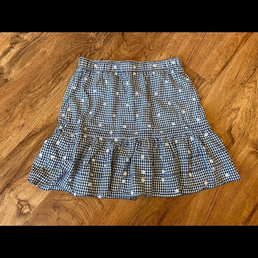 Madewell blue/white plaid tiered skirt with polka dots